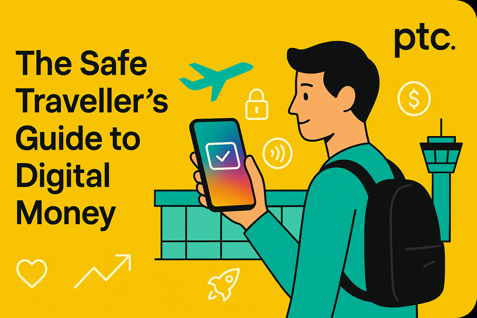 Modern traveller at airport café using smartphone digital wallet with lock, currency, and contactless icons in blue-turquoise palette.